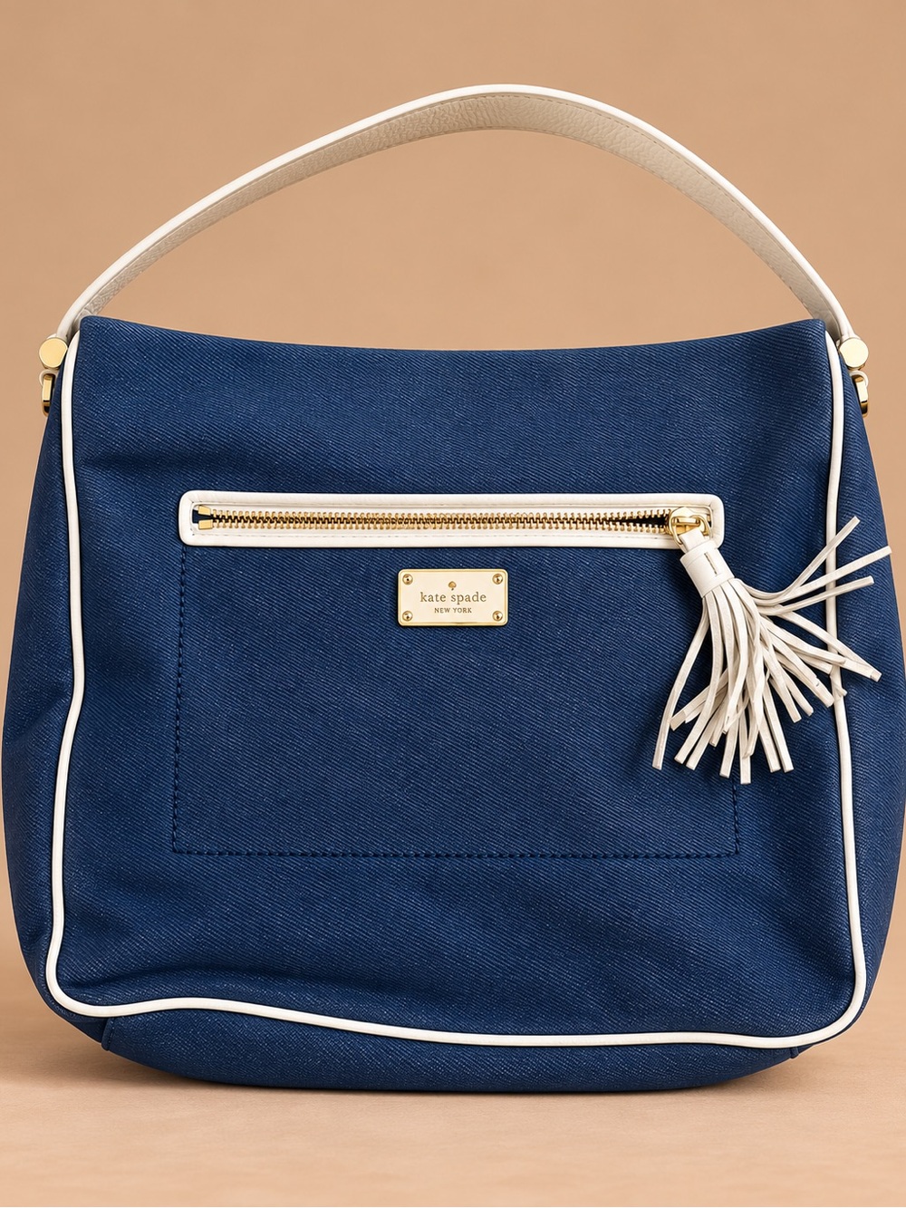 Kate Spade New York Denim Shoulder Bag White Leather Tassel Y2K